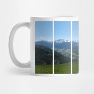 A great view of the Dolomites from a hill over the valley in South Tyrol. Lovely and relaxing place in the Italian Alps. Flowering fields and snowed mountains.. Sunny spring day. Mug